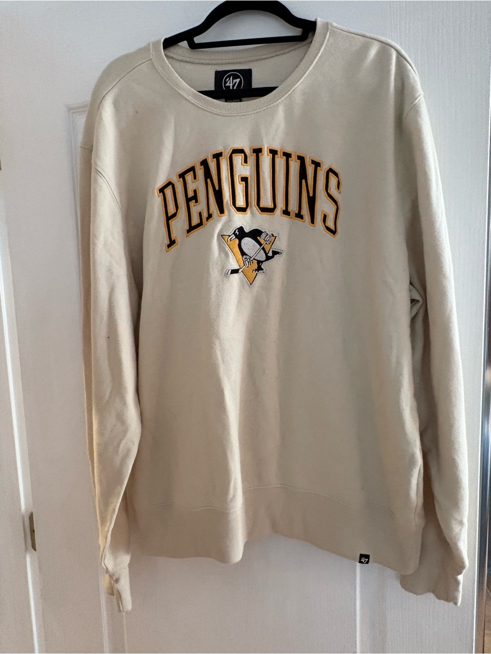 '47 Cream Penguins Crewneck Sweatshirt with Black and Gold Embroidered Logo